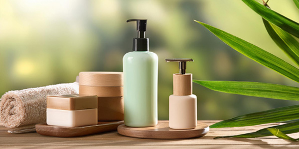 Pflegeprodukte in Spenderflaschen und Dosen stehen auf Holzunterlagen neben einem zusammengerollten Handtuch und grünen Pflanzen.